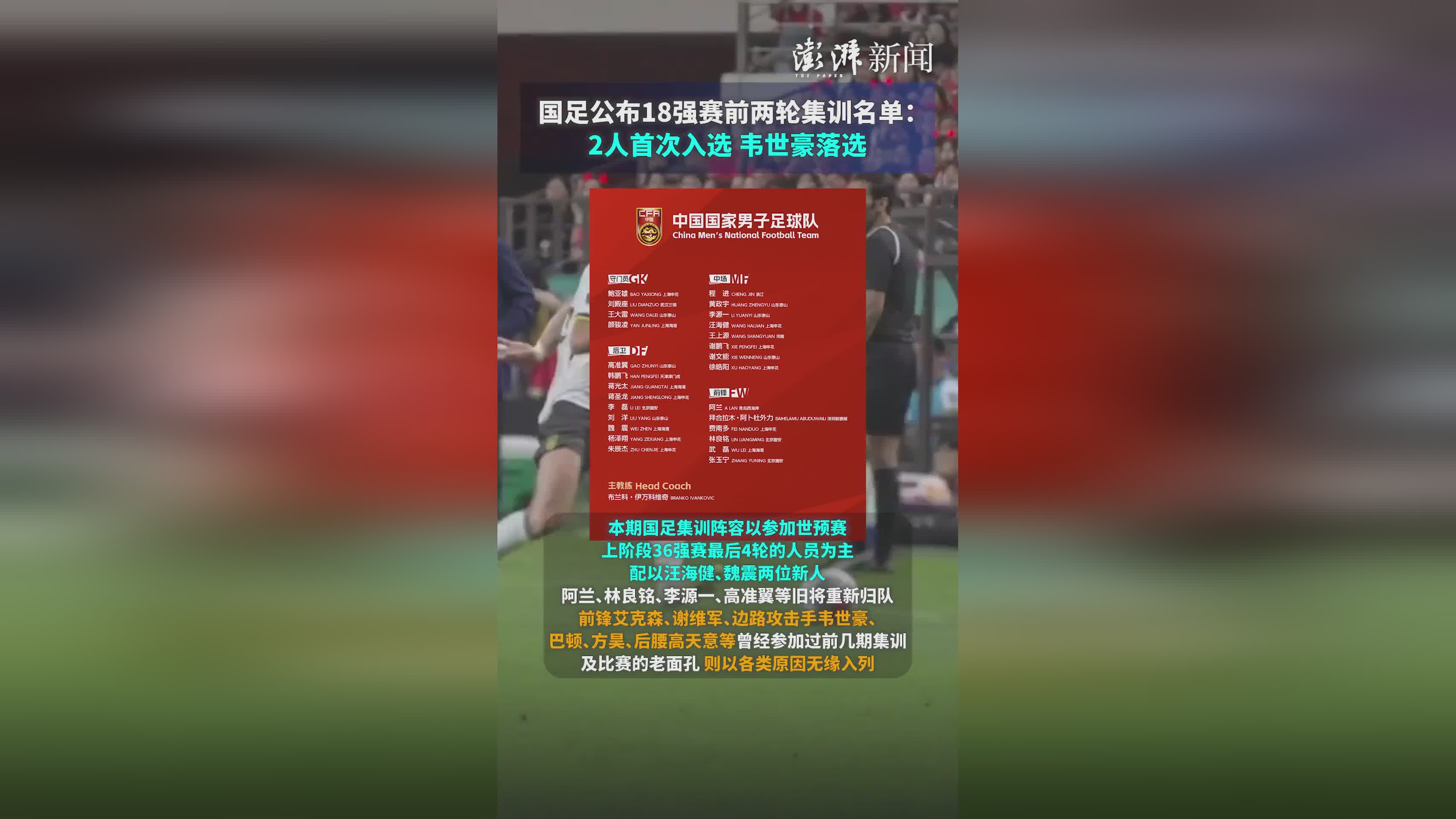 申花中场韦世豪入选国足集训名单的简单介绍